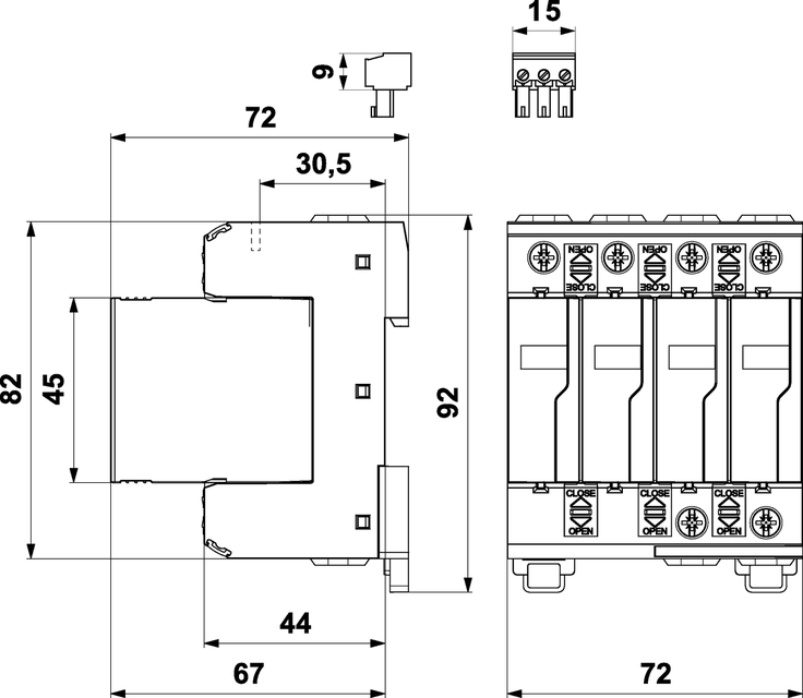 Ограничитель перенапряжения Saltek SLP-275 V/3S+1 габаритные размеры